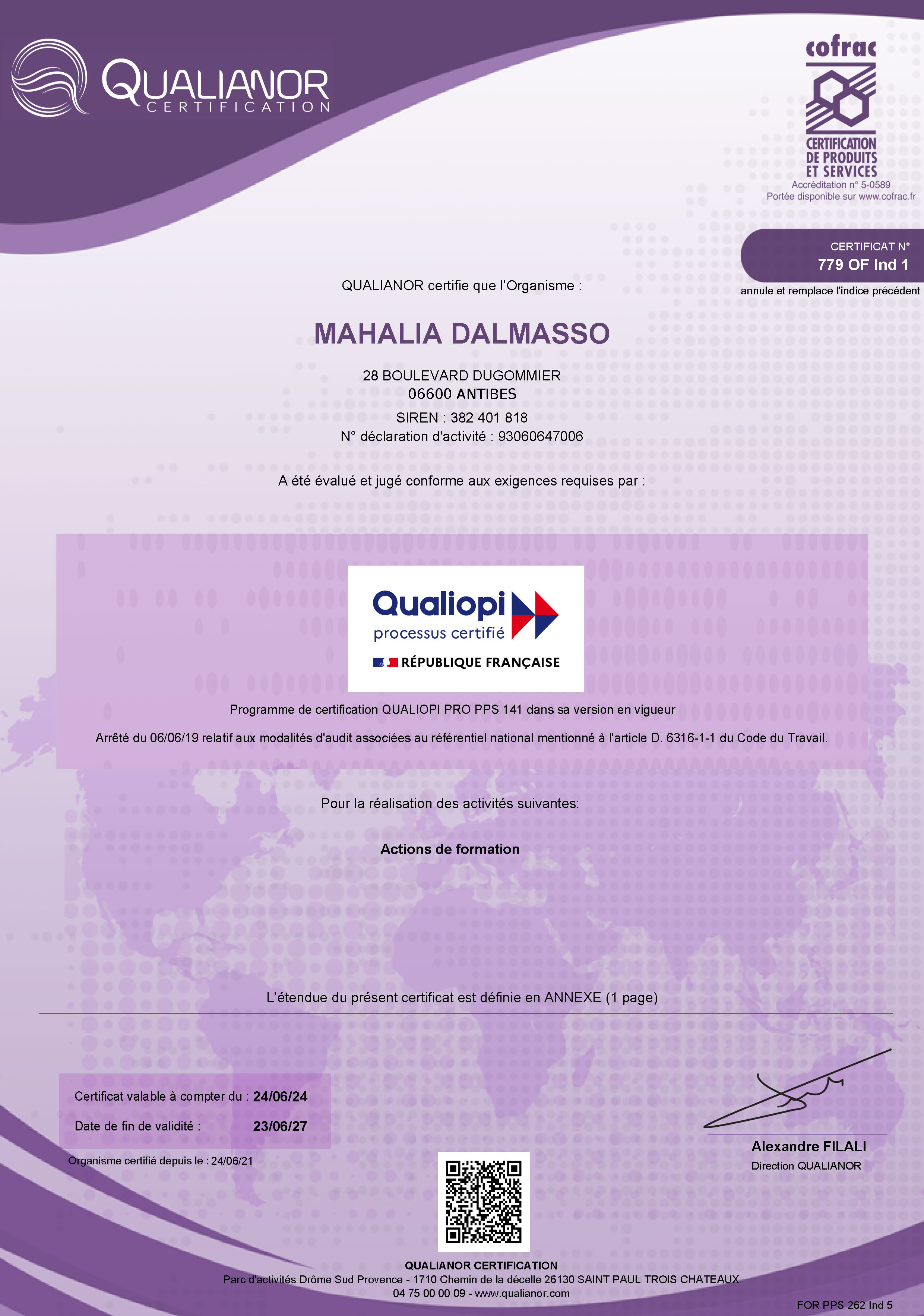 Certification Qualiopi par Qualianor 2024 p1
